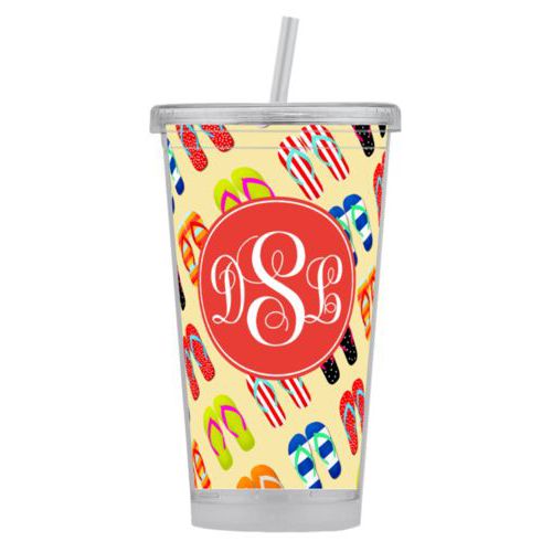 Personalized tumbler personalized with flip flops pattern and monogram in red orange