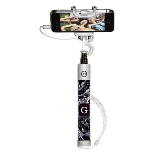 Personalized selfie stick personalized with onyx pattern and initial in black licorice
