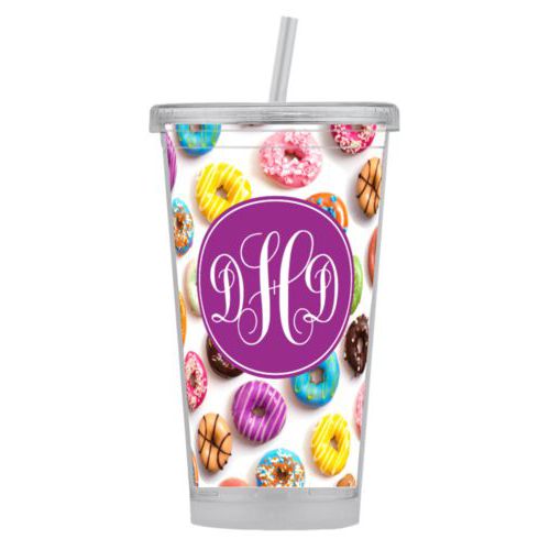 Personalized tumbler personalized with donuts pattern and monogram in eggplant