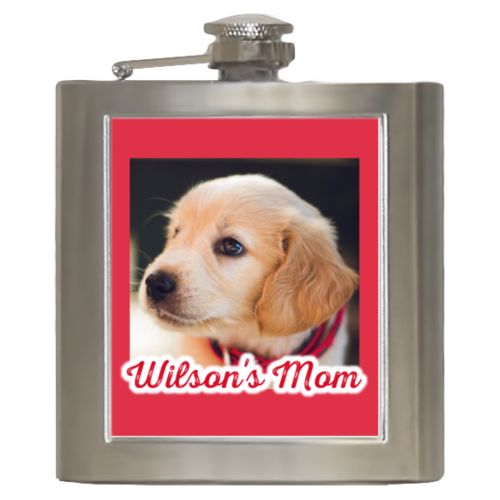 Personalized 6oz flask personalized with photo and the saying "Wilson's Mom"