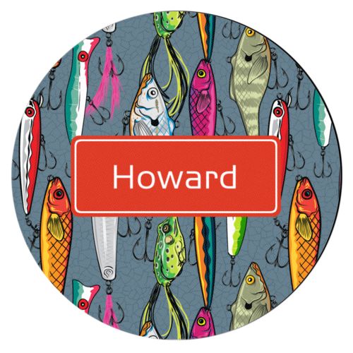 Personalized coaster personalized with fishing lures pattern and name in strong red