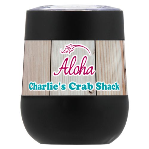 Personalized insulated wine tumbler personalized with light wood pattern and the sayings "Aloha" and "Charlie's Crab Shack"