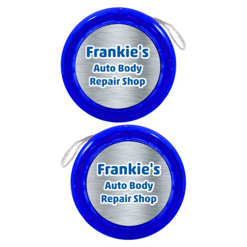 Personalized yoyo personalized with steel industrial pattern and the saying "Frankie's Auto Body Repair Shop"
