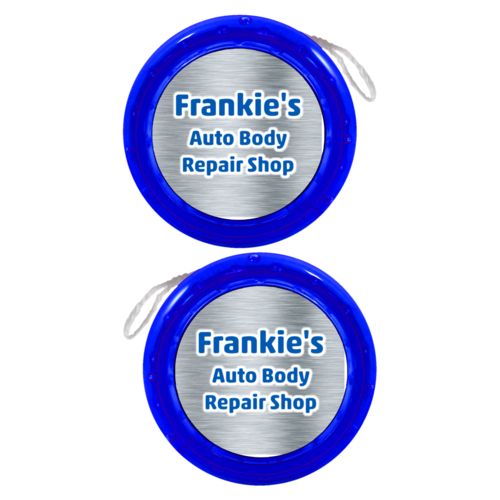 Personalized yoyo personalized with steel industrial pattern and the saying "Frankie's Auto Body Repair Shop"
