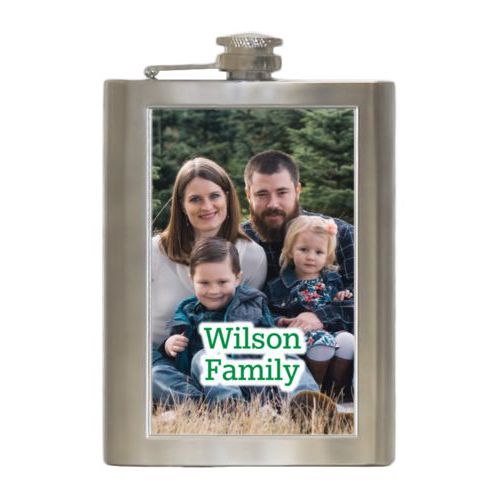 Personalized 8oz flask personalized with photo and the saying "Wilson Family"