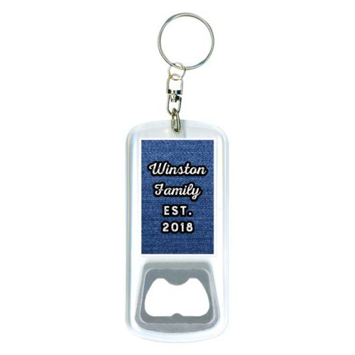 Personalized bottle opener personalized with denim industrial pattern and the saying "Winston Family Est. 2018"