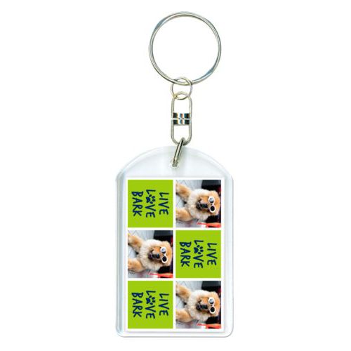 Personalized keychain personalized with a photo and the saying "Live love bark" in navy blue and juicy green