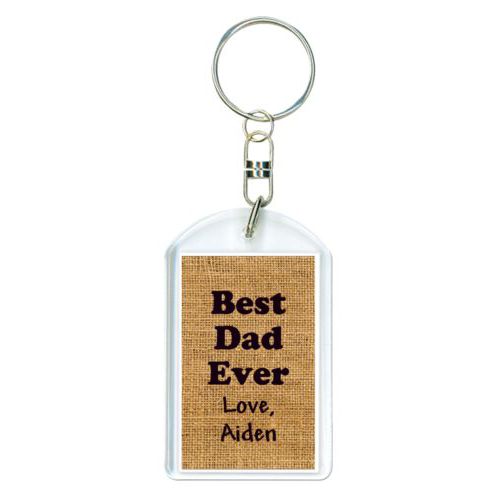 Personalized keychain personalized with burlap industrial pattern and the saying "Best Dad Ever Love, Aiden"
