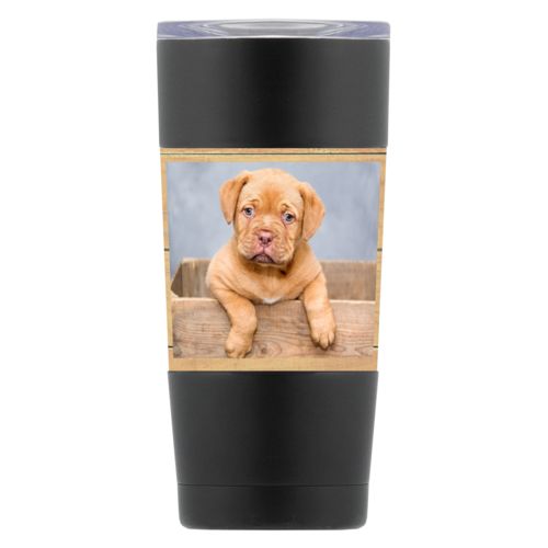Personalized insulated steel mug personalized with natural wood pattern and photo