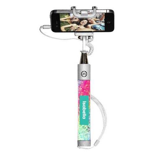Personalized selfie stick personalized with glitter pattern and name in minty