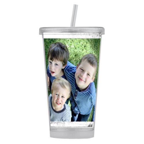 Personalized tumbler personalized with white rustic pattern and photo