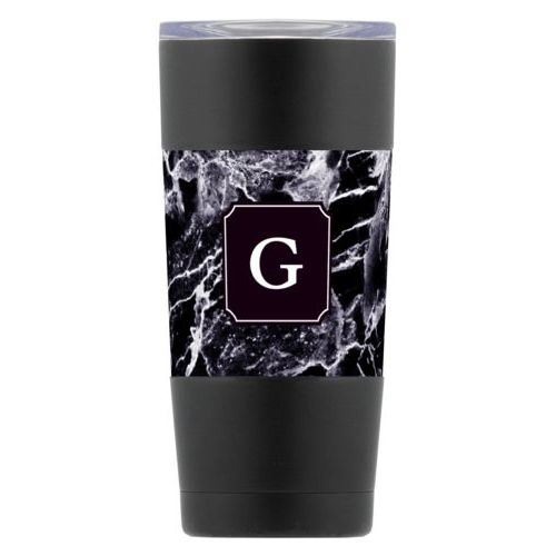Personalized insulated steel mug personalized with onyx pattern and initial in black licorice