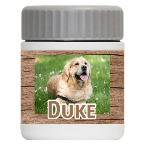Personalized 12oz food jar personalized with brown wood pattern and photo and the saying "Duke"