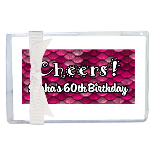 Personalized enclosure cards personalized with pink mermaid pattern and the saying "Cheers! Sasha's 60th Birthday"