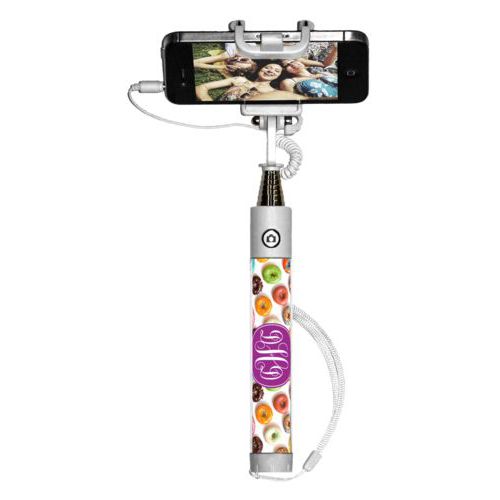 Personalized selfie stick personalized with donuts pattern and monogram in eggplant