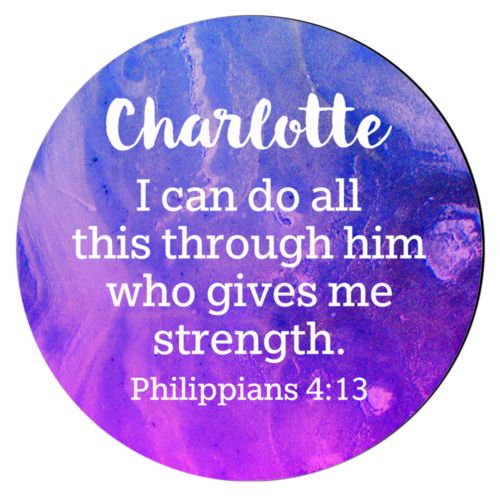 Personalized coaster personalized with ombre amethyst pattern and the saying "Charlotte I can do all this through him who gives me strength. Philippians 4:13"