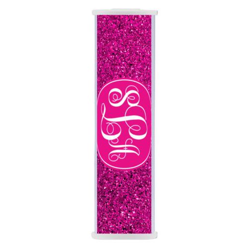 Personalized backup phone charger personalized with pink glitter pattern and monogram in bright pink