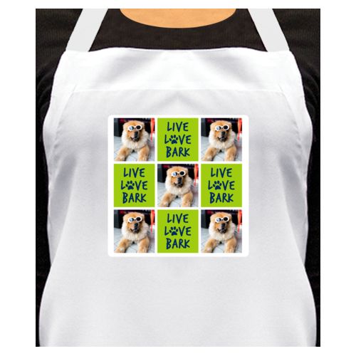 Personalized apron personalized with a photo and the saying "Live love bark" in navy blue and juicy green