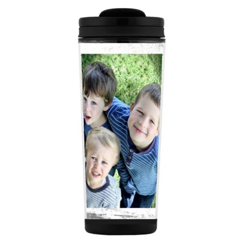 Custom tall coffee mug personalized with white rustic pattern and photo