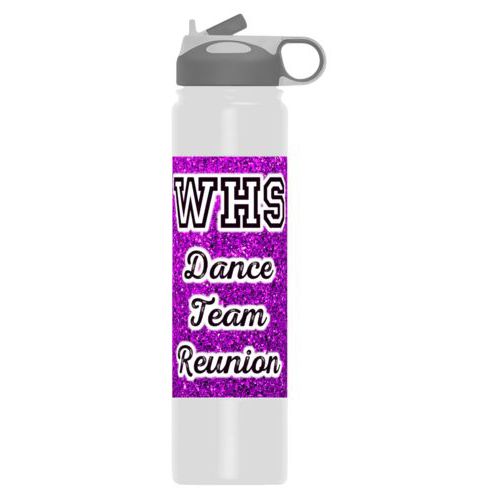 Stainless steel vacuum insulated water bottle personalized with fuchsia glitter pattern and the saying "WHS Dance Team Reunion"