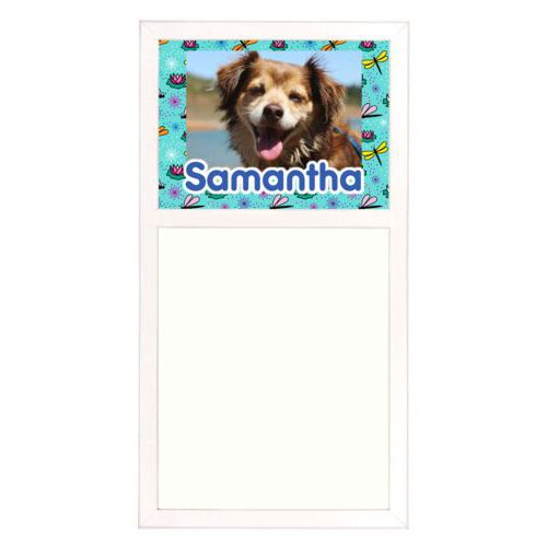 Personalized white board personalized with bugs dragonfly pattern and photo and the saying "Samantha"