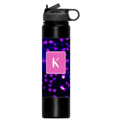 Large insulated water bottle personalized with dream hearts pattern and initial in pink