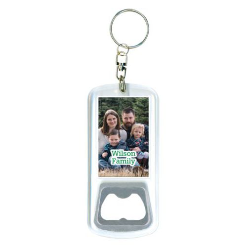 Personalized bottle opener personalized with photo and the saying "Wilson Family"