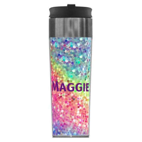Personalized steel mug personalized with glitter pattern and the saying "Maggie"