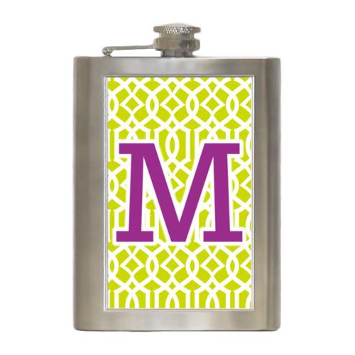 Personalized 8oz flask personalized with ironwork pattern and the saying "M"