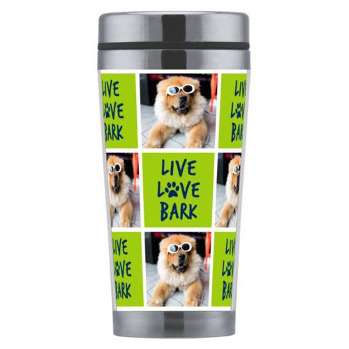 Personalized coffee mug personalized with a photo and the saying "Live love bark" in navy blue and juicy green