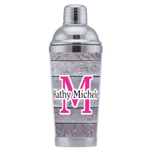 Coctail shaker personalized with grey wood pattern and the sayings "M" and "Kathy Michele"