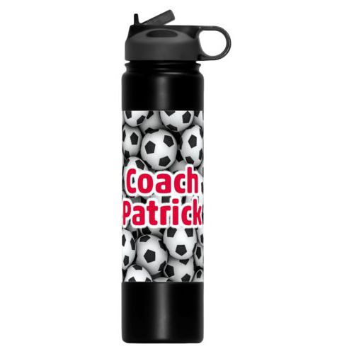 Insulated stainless steel water bottle personalized with soccer balls pattern and the saying "Coach Patrick"