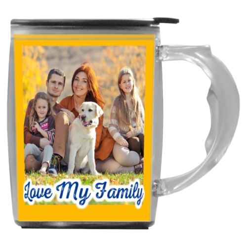 Custom mug with handle personalized with photo and the saying "Love My Family"