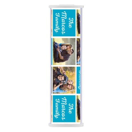 Personalized backup phone charger personalized with photos and the saying "The Marcos Family" in juicy blue and white
