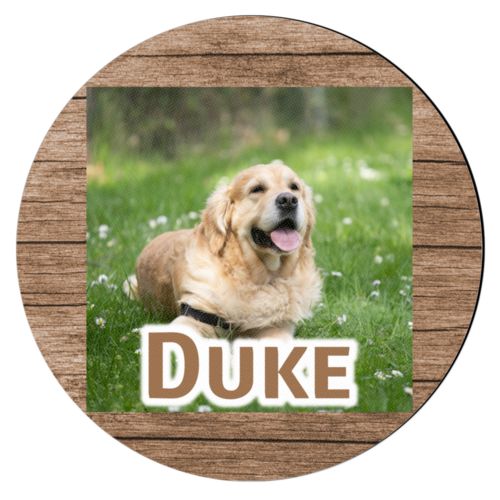 Personalized coaster personalized with brown wood pattern and photo and the saying "Duke"