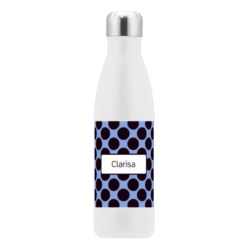 Personalized stainless steel water bottle personalized with dots pattern and name in black and serenity blue