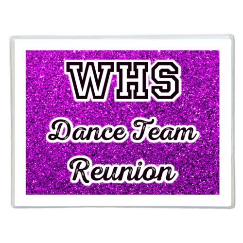 Personalized note cards personalized with fuchsia glitter pattern and the saying "WHS Dance Team Reunion"