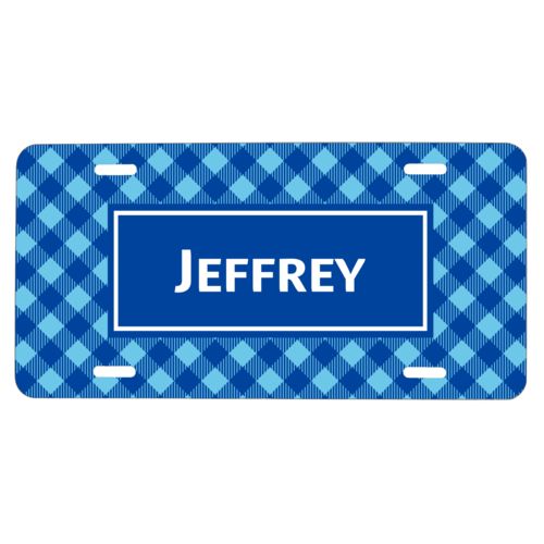 Personalized license plate personalized with check pattern and name in ultramarine