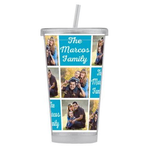 Personalized tumbler personalized with photos and the saying "The Marcos Family" in juicy blue and white