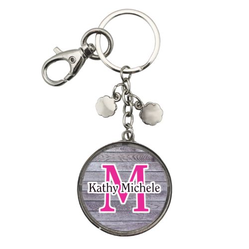 Personalized metal keychain personalized with grey wood pattern and the sayings "M" and "Kathy Michele"