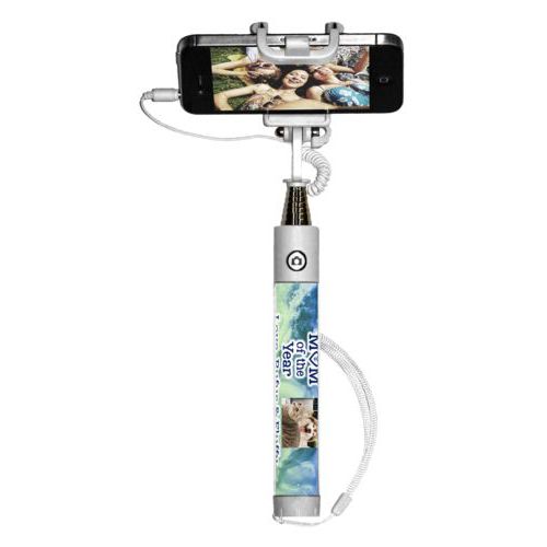 Personalized selfie stick personalized with ombre quartz pattern and photo and the sayings "Mom of the Year" and "Love, Rufus & Fluffy"