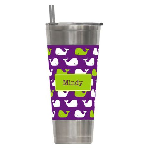 Personalized insulated steel tumbler personalized with whales pattern and name in orchid and juicy green