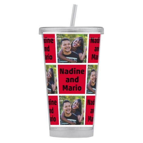 Personalized tumbler personalized with a photo and the saying "Nadine and Mario" in black and apple red