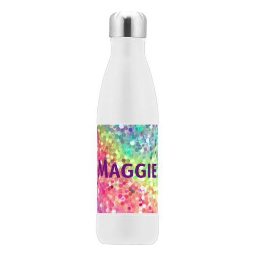 Personalized stainless steel water bottle personalized with glitter pattern and the saying "Maggie"
