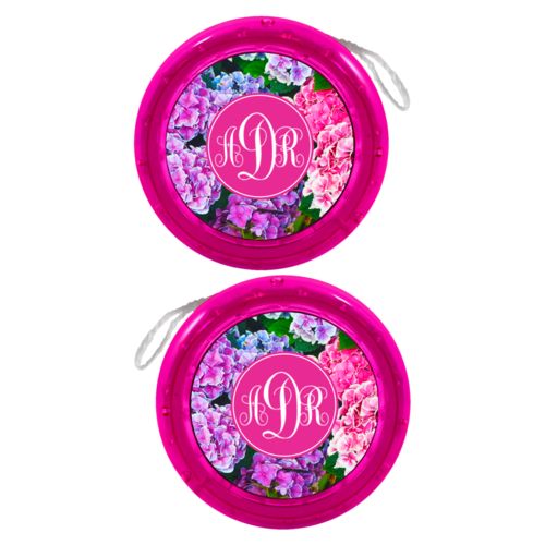 Personalized yoyo personalized with hydrangea pattern and monogram in pink