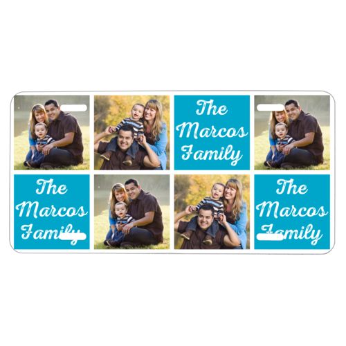 Custom license plate personalized with photos and the saying "The Marcos Family" in juicy blue and white