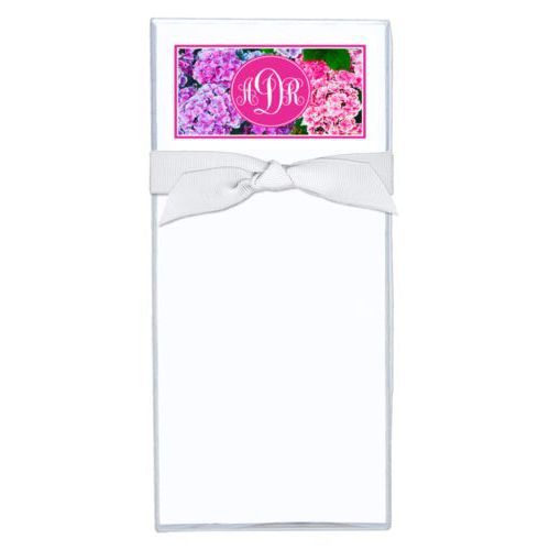 Personalized note sheets personalized with hydrangea pattern and monogram in pink