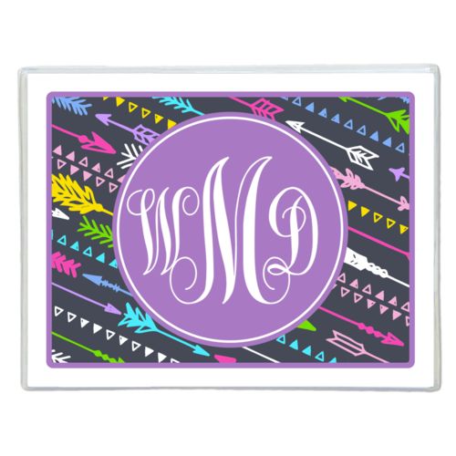 Personalized note cards personalized with arrows pattern and monogram in purple powder