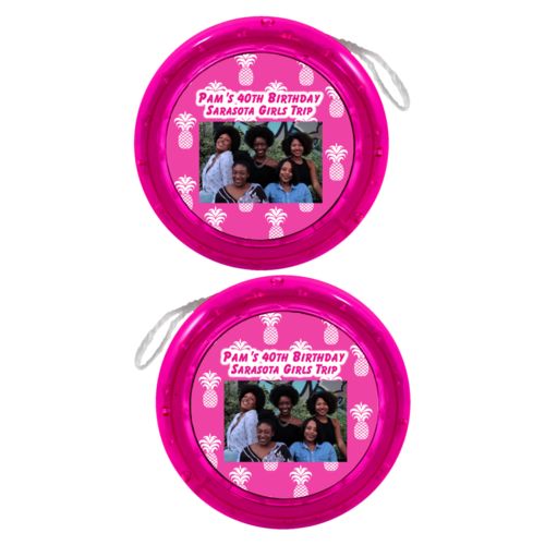 Personalized yoyo personalized with welcome pattern and photo and the saying "Pam's 40th Birthday Sarasota Girls Trip"