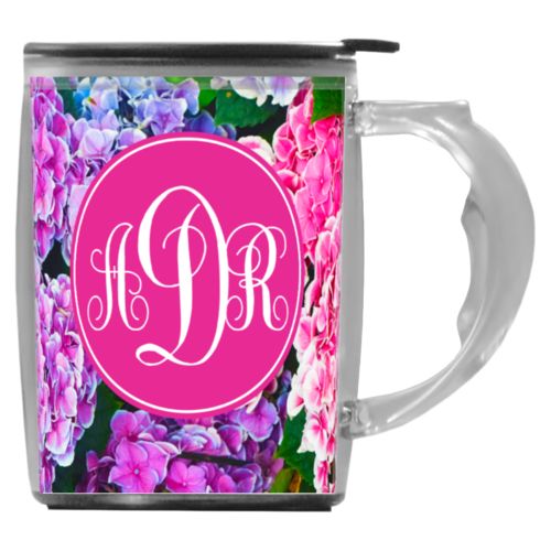 Custom mug with handle personalized with hydrangea pattern and monogram in pink